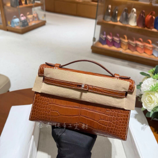 金典/纯手工迷你凯莉一代mini kelly22马鞍色原厂美洲鳄鱼皮银扣