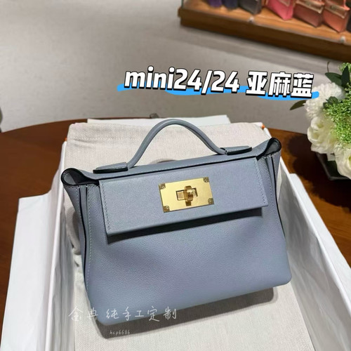 金典/纯手工蜡线mini2424原厂evercolor拼皮亚麻蓝手提包凯莉包