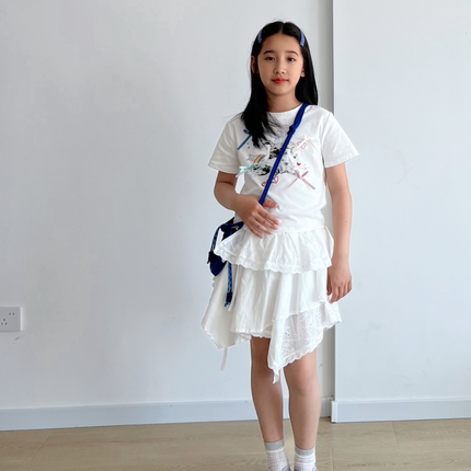 女童不规则半身裙夏季女孩蕾丝花边半身裙时尚印花短袖甜美套装