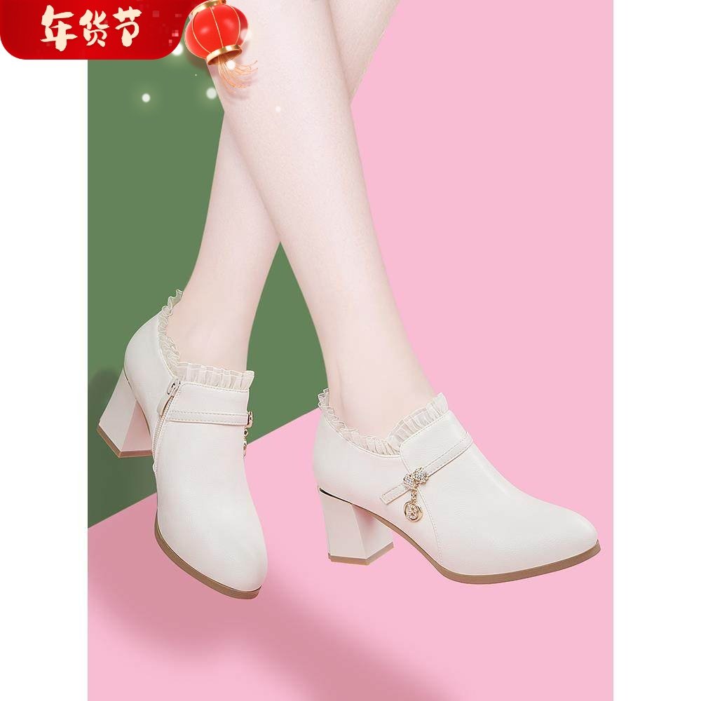 小圆尖头春秋女士皮鞋中跟单鞋2025年新款女鞋真皮深口高跟鞋粗跟,女鞋,深口单鞋,淘宝优惠券,粉丝福利购,淘宝优惠卷