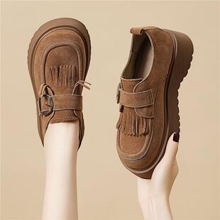 时髦英伦风真皮厚底乐福鞋女春秋超火舒适耐磨皮带扣单鞋8082