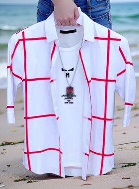 潮男帅气中袖衬衫男条纹春夏季潮流男装七分袖修身衬衣服潮牌个性