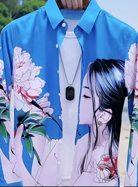 新款潮男男士时尚长袖流行修身花卉印花衬衫韩版美女图案时尚衬衣