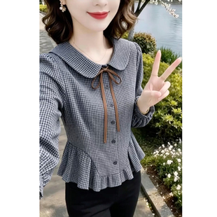 复古洋气格子娃娃领蝴蝶结长袖衬衫女装时尚系带百搭减龄上衣秋季