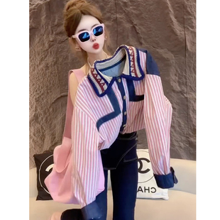 衬衫 2025秋季 条纹拼接撞色设计长袖 洋气重工刺绣翻领时尚 女潮 新款