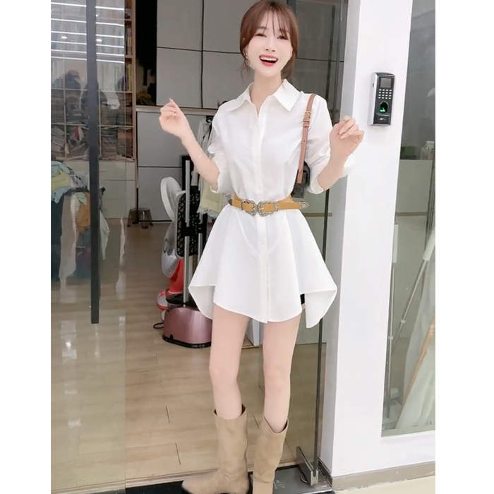 2025春季新款收腰修身百搭翻领不规则荷叶边下摆设计长袖衬衫裙女