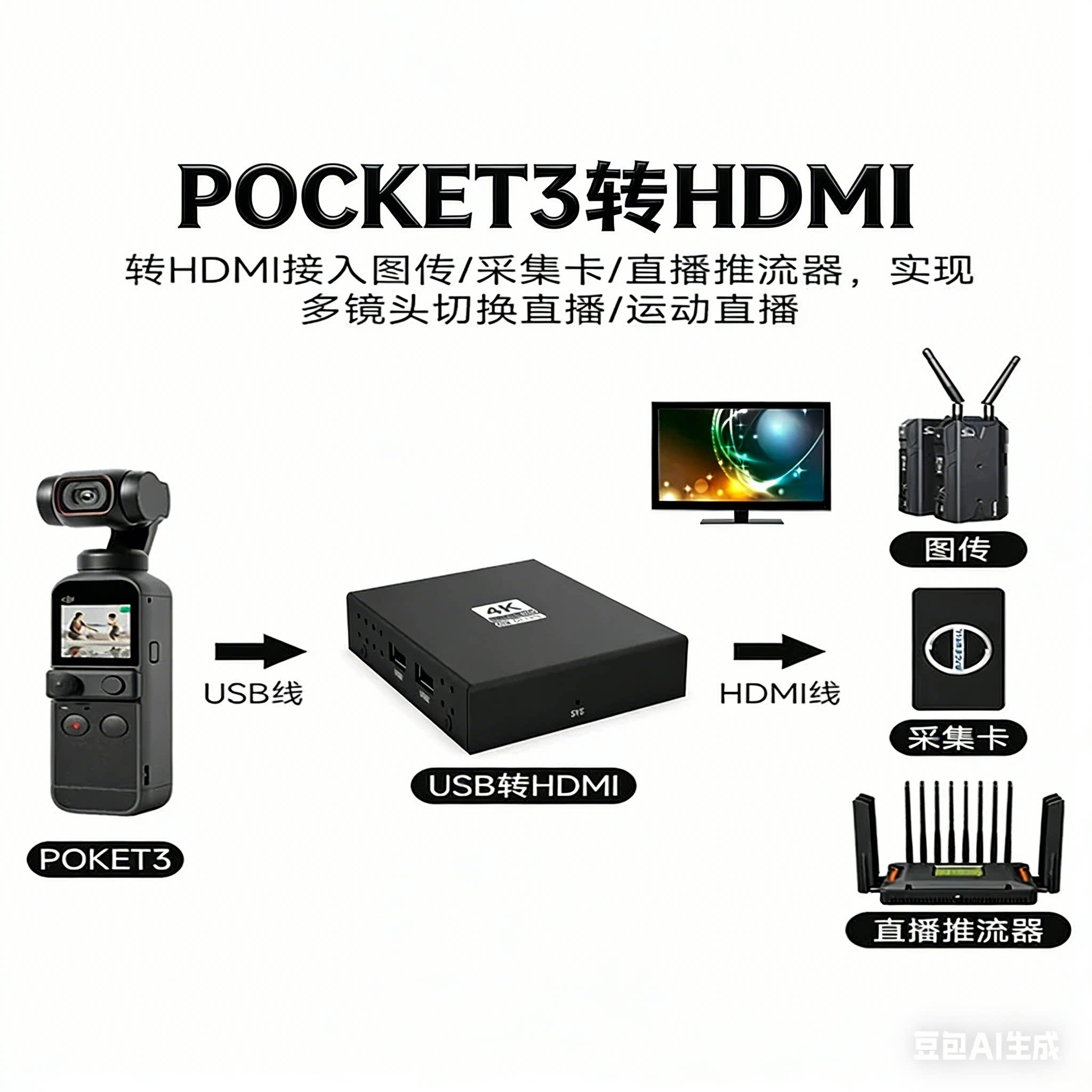 USB2.0摄像头转HDMI转换器4K60帧输出连接导播台直播推流教学投屏