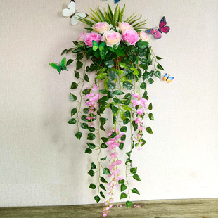仿真玫瑰花壁挂墙壁挂装 饰花篮绢花假花挂件室内墙花盆仿真挂壁花