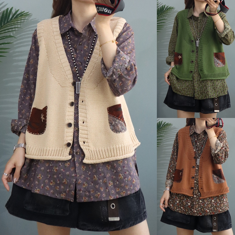 清仓特价春季复古文艺手工口袋针织开衫马甲百搭洋气减龄坎肩女装