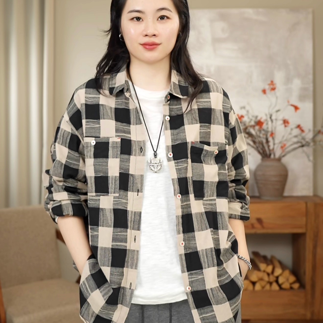 经典复古格子休闲时尚长袖衬衫女