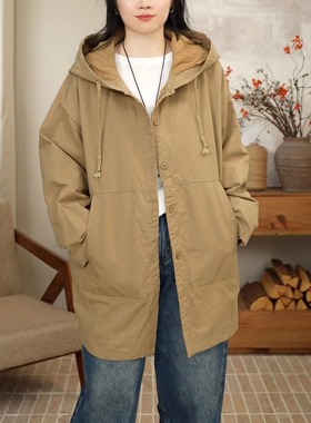 长款连帽抽绳水洗棉风衣外套女休闲百搭 33030