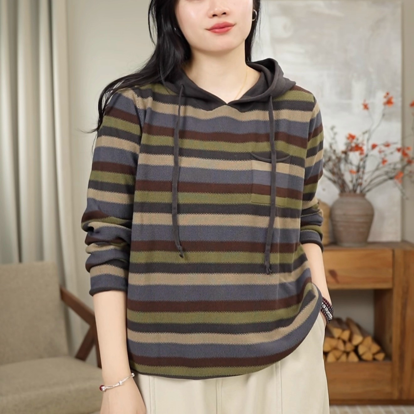 秋冬新款彩色条纹连帽内搭时尚宽松针织套头上衣 2813