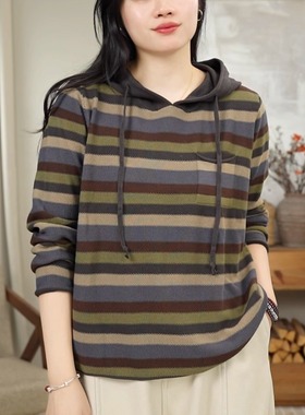 秋冬新款彩色条纹连帽内搭时尚宽松针织套头上衣 2813