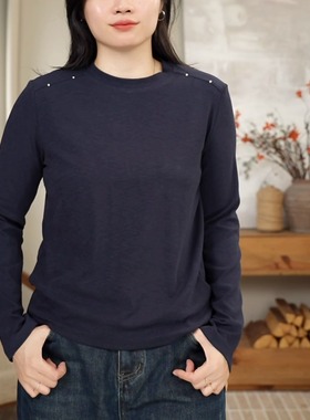 韩版设计感钉珠长袖T恤女宽松时尚休闲百搭通勤打底衫上衣 9986