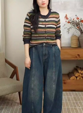 冬季加绒加厚牛仔宽松显瘦百搭阔腿灯笼长裤女 86115