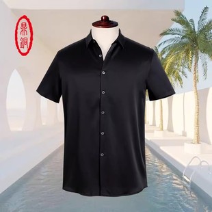 鼎铜桑蚕丝短袖衬衫男翻领夏季中年高端商务真丝新款衬衣体恤名牌