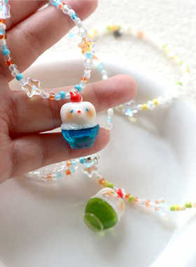 冰淇淋原创食玩蓝色项链蜜桃家