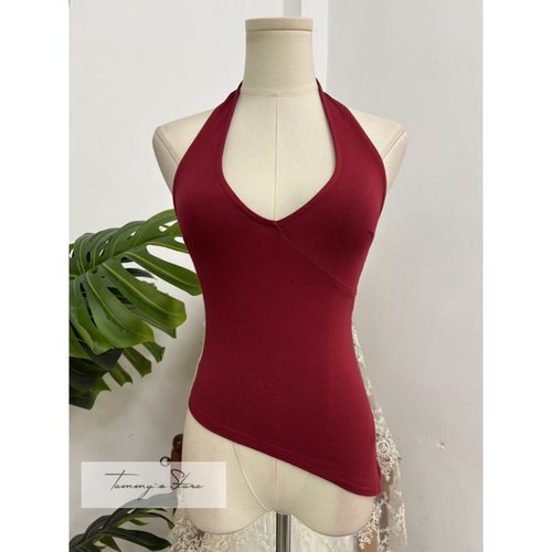 塔米家 W-F纯色深V不规则衣摆挂脖上衣 两色可选 E2-1