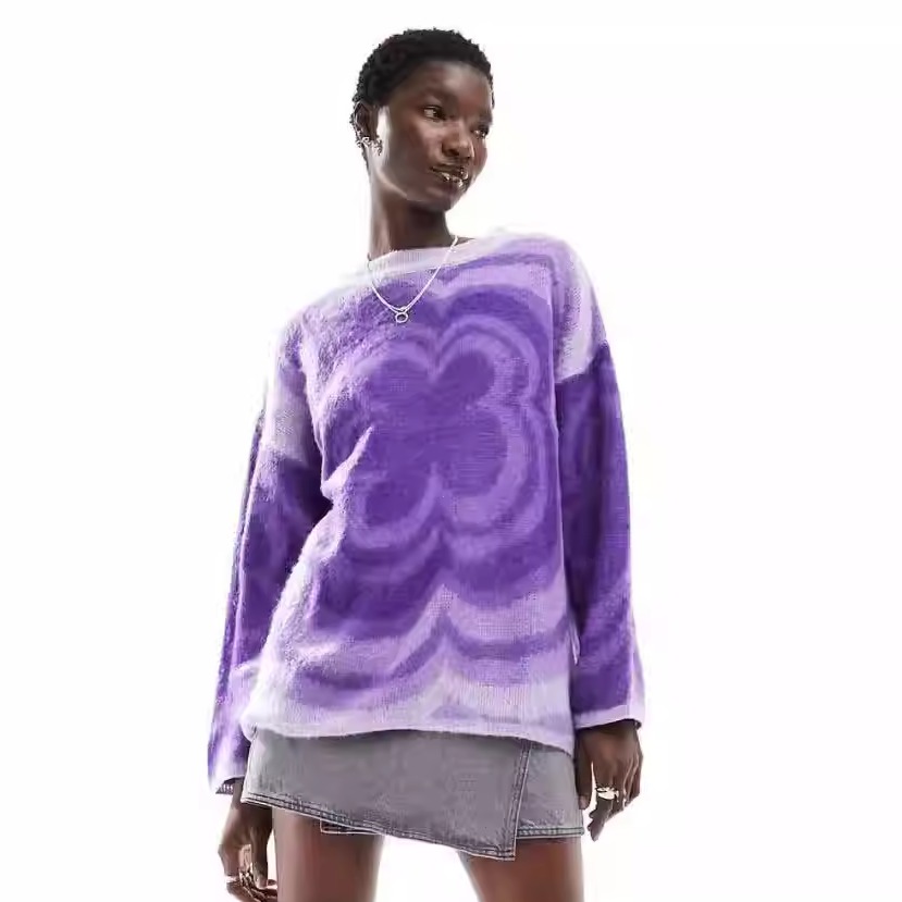 塔米家 瑞典单M*nk1紫色大花图案针织宽松长款毛衣 D2-4