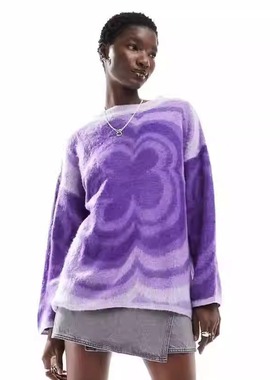 塔米家 瑞典单M*nk1紫色大花图案针织宽松长款毛衣 D2-4