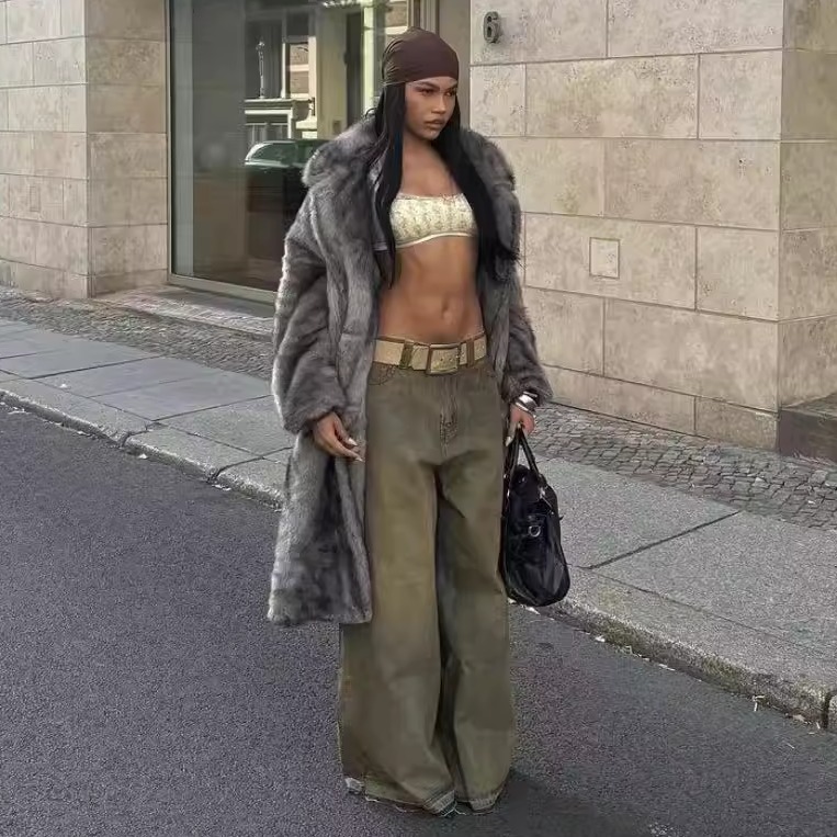 塔米家 T-K造旧泥土色废土风阔脚低腰牛仔长裤 A3