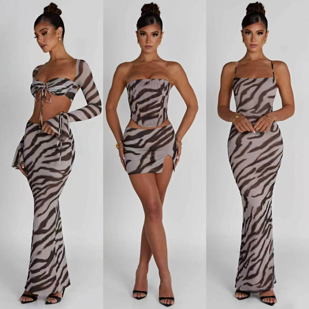 塔米家 英单B*BOO棕色斑马纹包臀半身长裙短裙连身裙 三款 C3-3