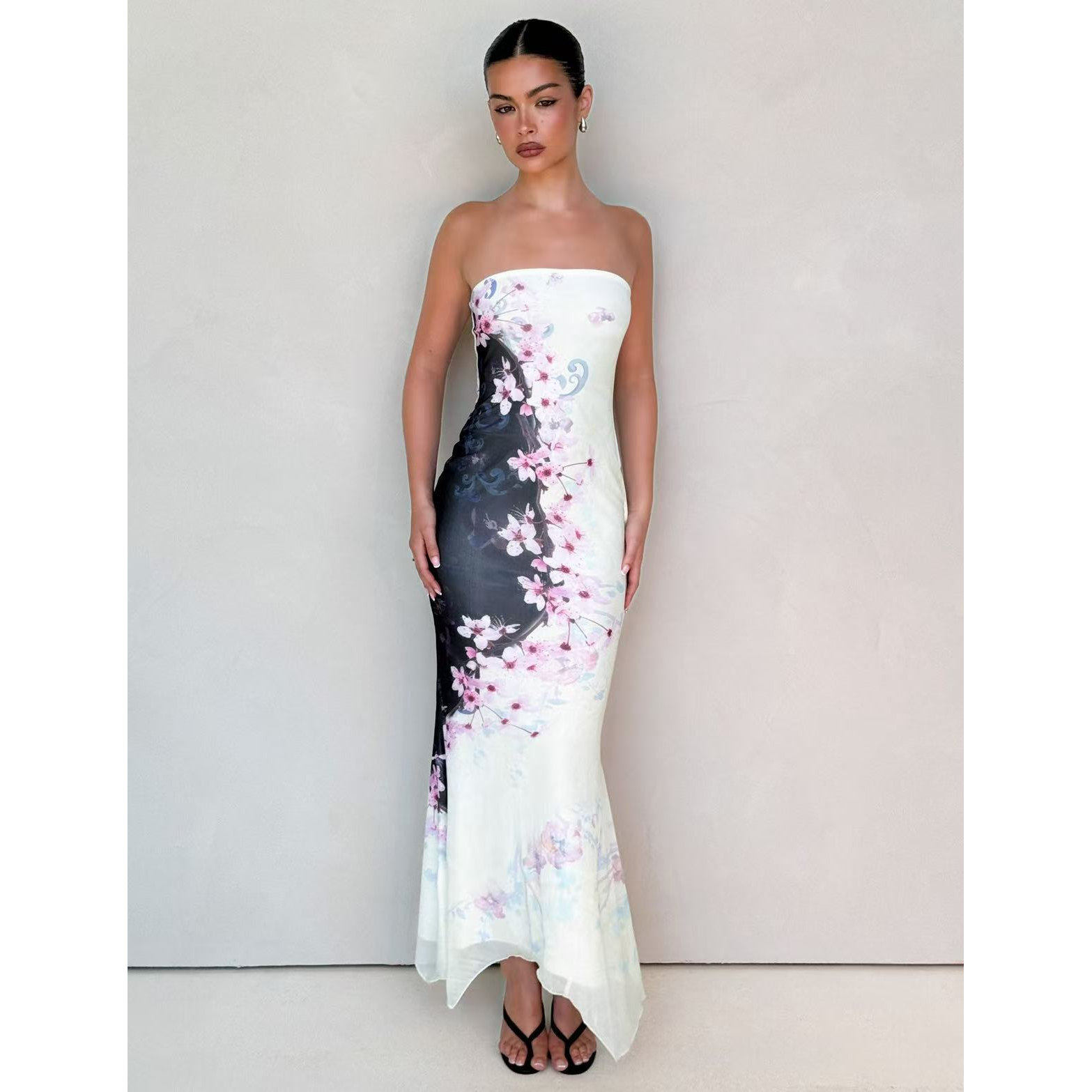 塔米家 T-M樱花印花不规则下摆抹胸连衣长裙 B2-2