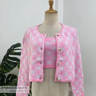 抹胸套装 ble粉色格子针织开衫 美单M 塔米家