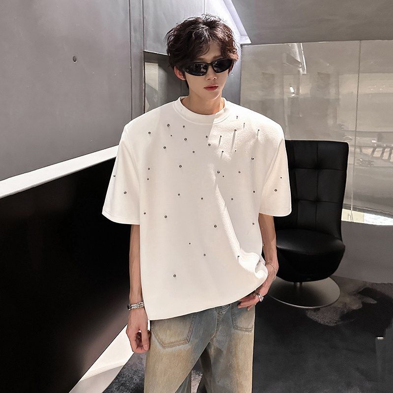 垫肩重磅男T恤美式高街手工金属珍珠设计男小众短袖CD1061P48,男装T恤,电商A070