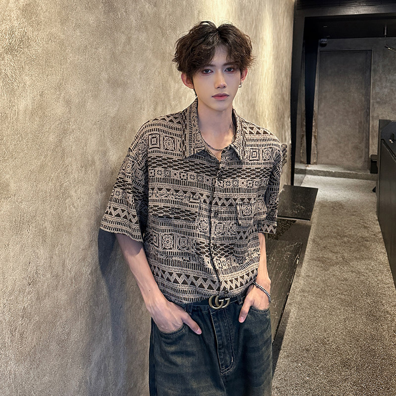 小众复古着感短袖衬衫夏新学生民族风廓形休闲衬衣CS925P48，男装衬衫，电商A070