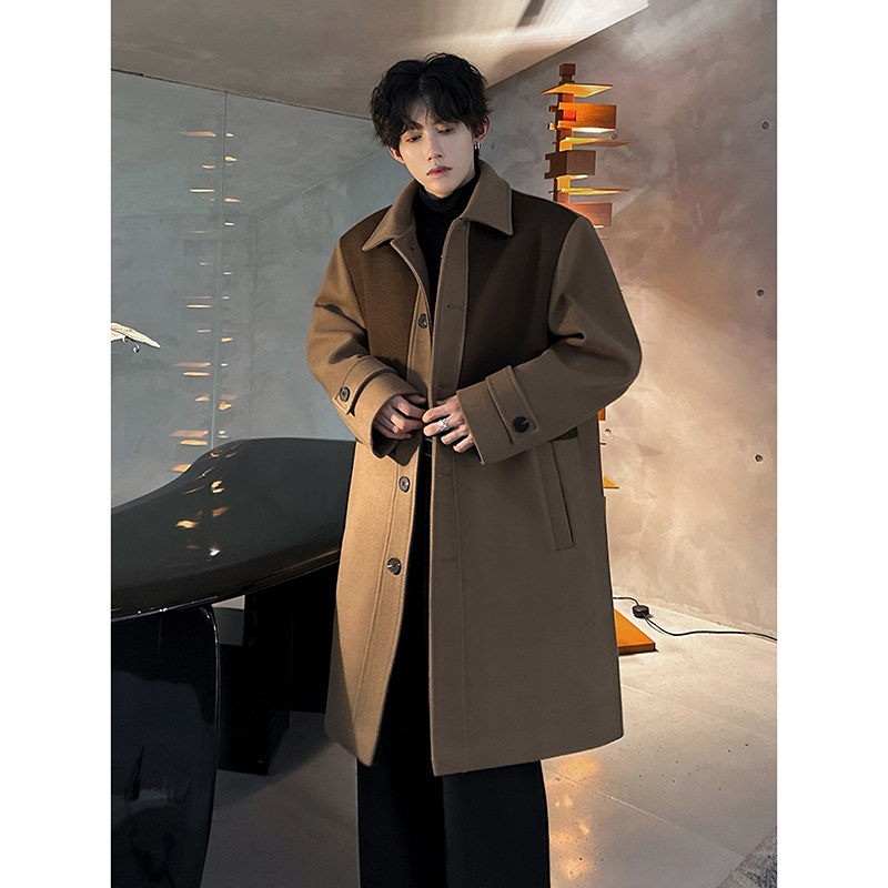 高级撞色呢子长款宽松风衣外套保暖高街男韩版呢子大衣AY21P118，男装风衣，电商A070