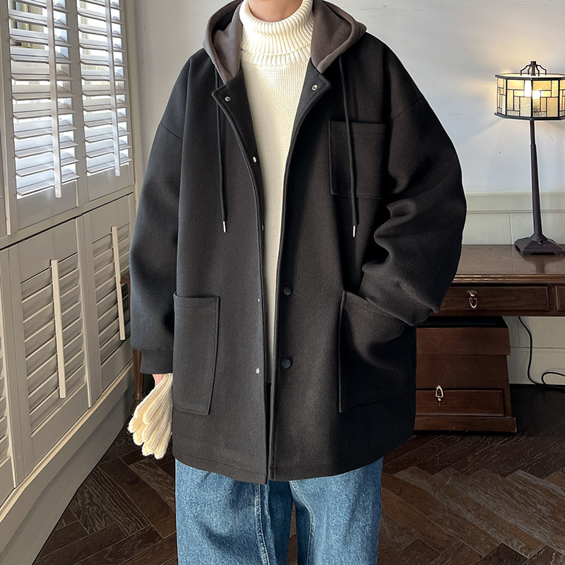 新款保暖毛呢大衣宽松中长款风衣秋冬男连帽呢子大衣BY09P120，男装风衣，电商A070