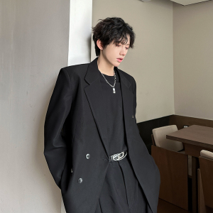 垫肩款双排扣金属设计西装外套痞帅高街老钱风男西服 XZ215 P98图片