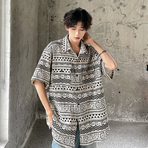 夏季小众复古着感短袖衬衫夏新学生民族风廓形休闲衬衣 AS925 P48图片