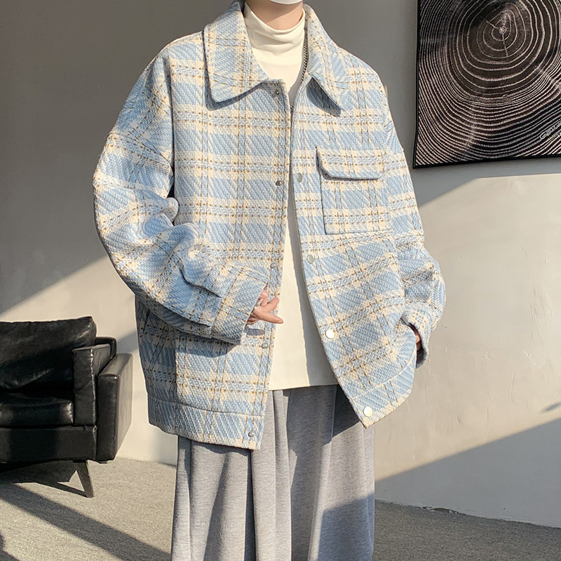 小香风毛呢子格子外套宽松呢大衣保暖男潮厚夹克JK337P108,男装夹克,电商A070