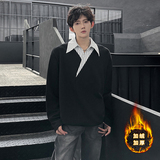 假两件V领拼接条纹衬衫领T恤潮男宽松长袖2262P55加绒P60，男装T恤，电商A070