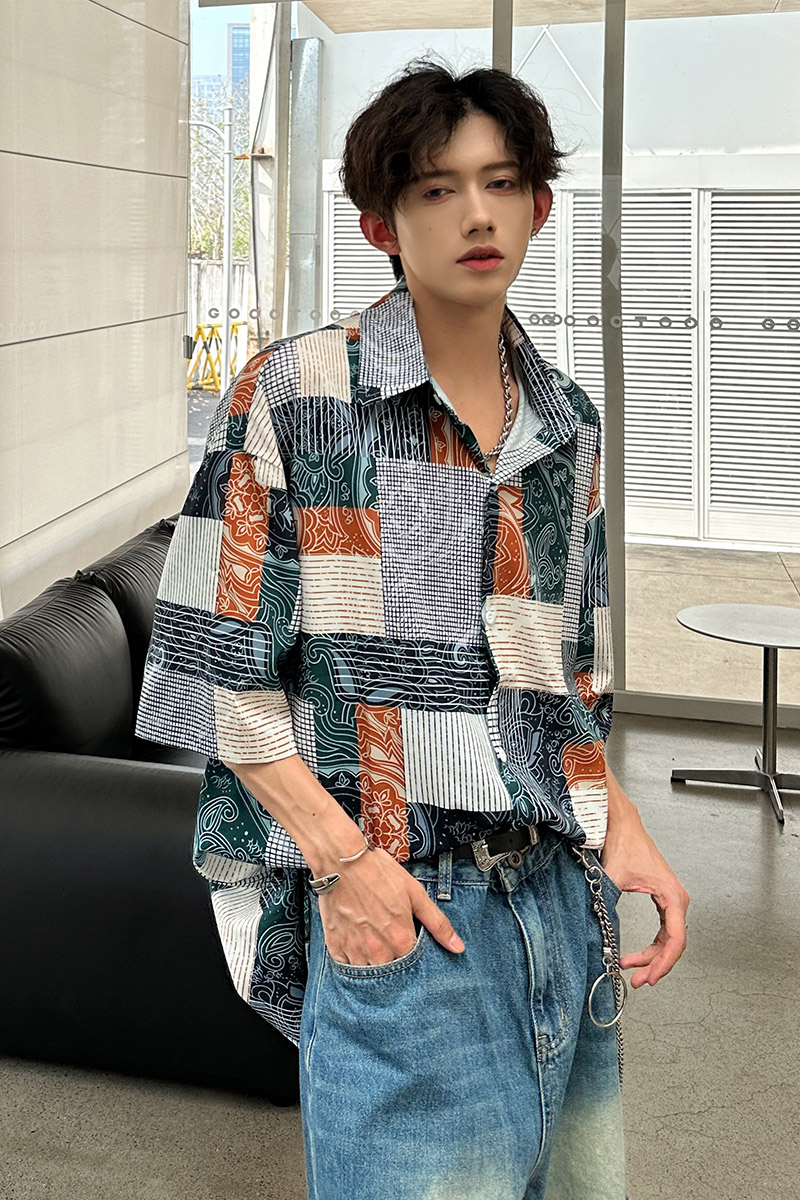 新款夏季宽松复古波希米亚短袖男衬衫913P40,男装衬衫,电商A070