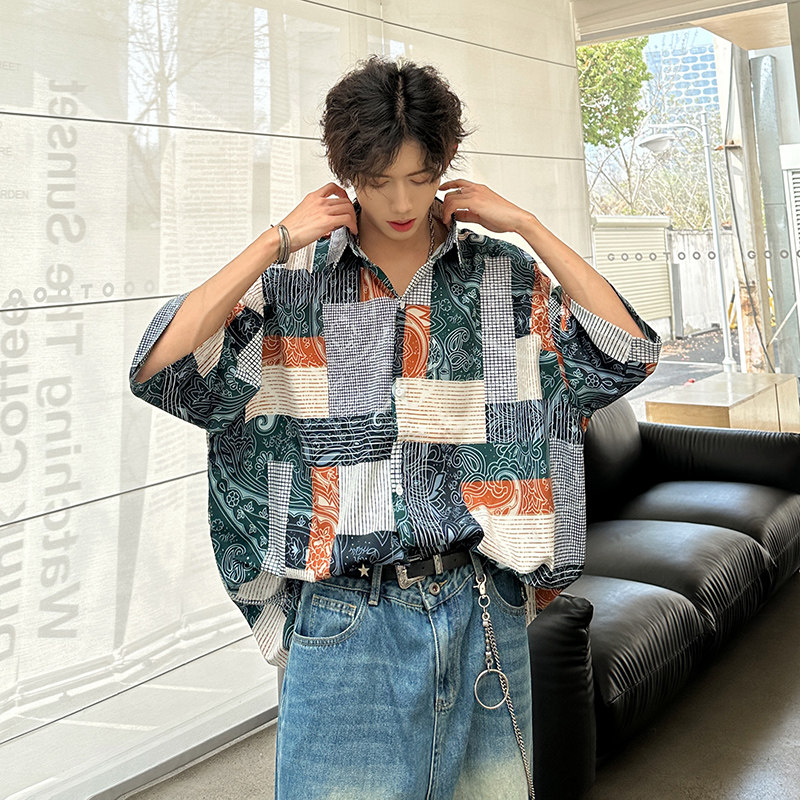 新款夏季宽松复古波希米亚短袖男衬衫 913 P40图片