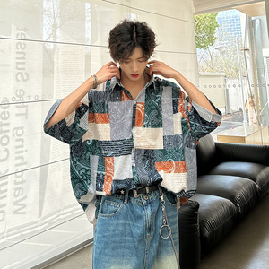 新款夏季宽松复古波希米亚短袖男衬衫 913 P40图片