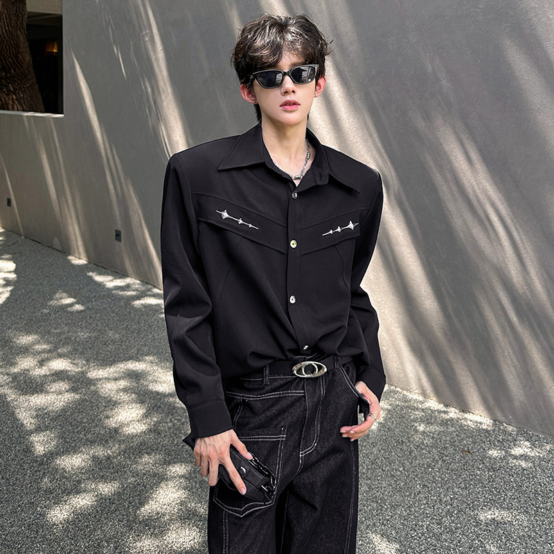 垫肩小众金属解构美式衬衣高级感痞帅廓形潮男长袖衬衫 CS937 P65图片
