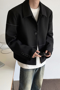 韩简约小众短款新西装夹克翻领设计黑色男女休闲西服 XZ208 P95图片