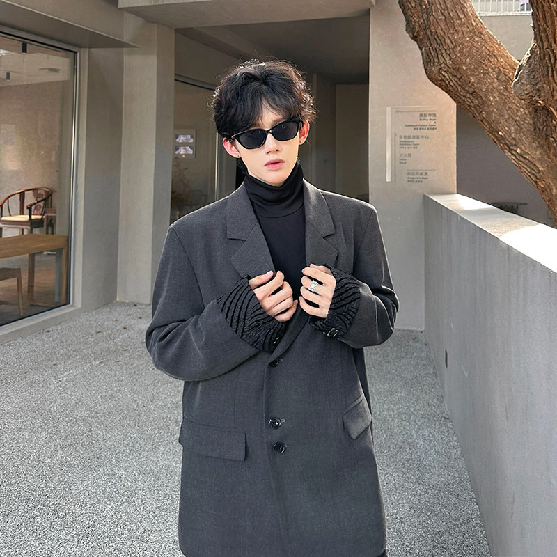 垫肩老钱风休闲西装高级感痞帅拼接外套伴郎上衣小西服X213P108,男装西服套装,电商A070