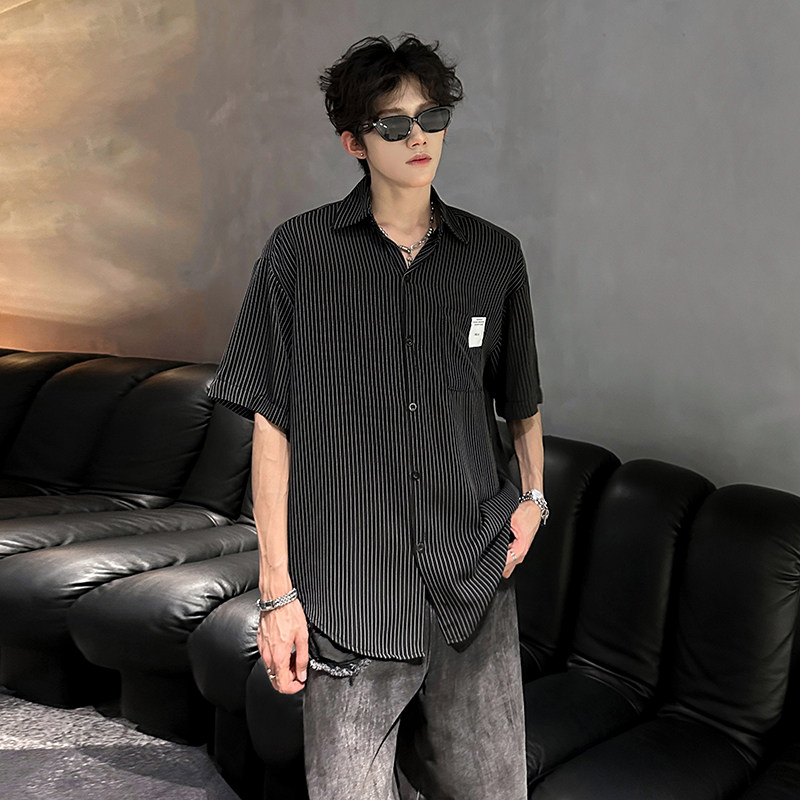 韩系抗皱夏季新款宽松衬衣冰丝潮牌男条纹短袖衬衫CS935P48,男装衬衫,电商A070