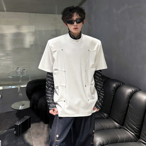 垫肩小众设计感压绉廓形金属T恤夏半袖立体感潮男短袖 CD1076 P48图片