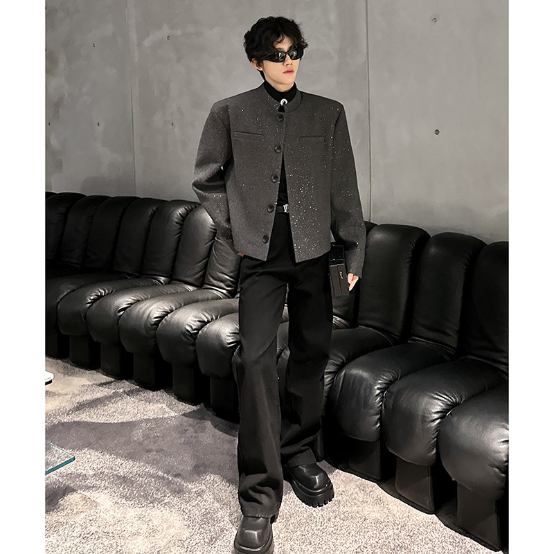 垫肩撒银呢料立领短款西装外套轻奢夜店痞夹克小西服JK391P118,男装夹克,电商A070