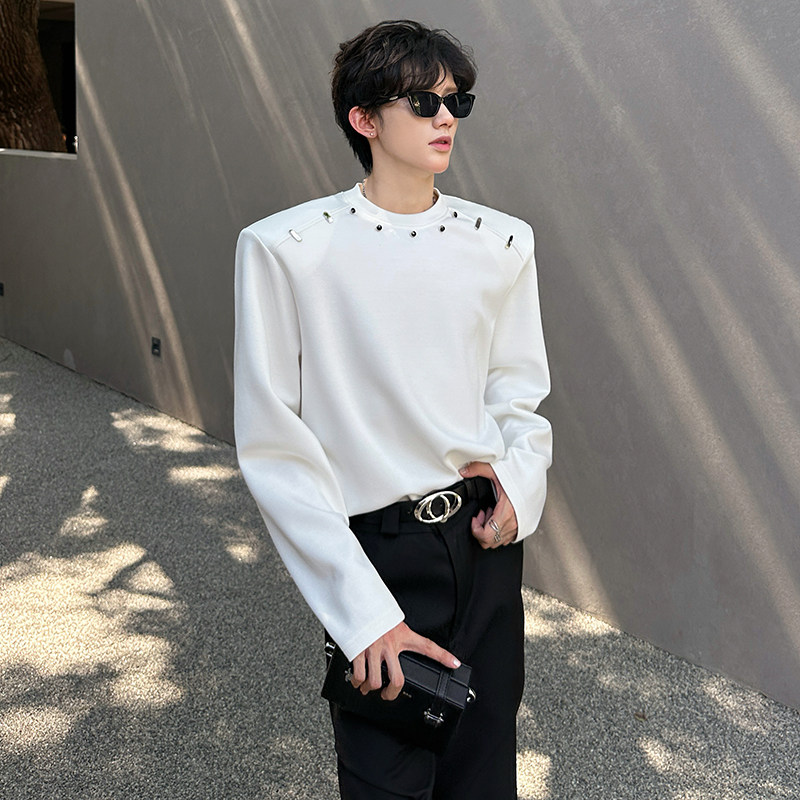 垫肩设计款小众金属装饰卫衣潮男重工T恤宽松男长袖CD2265P55，男装T恤，电商A070