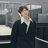 假两件V领拼接条纹衬衫领T恤潮男宽松长袖2262P55加绒P60，男装T恤，电商A070