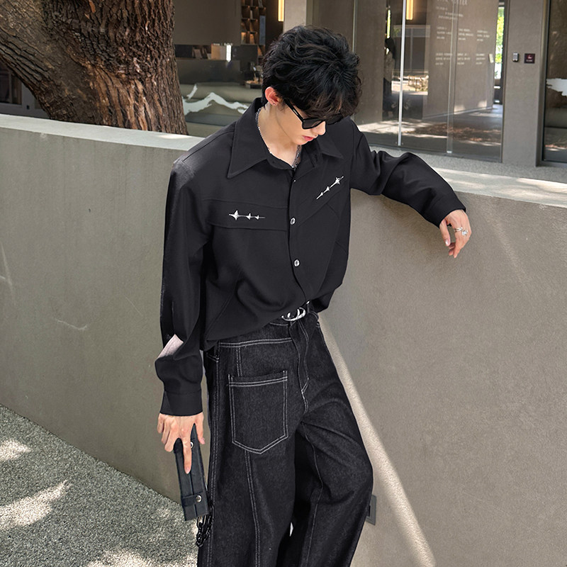 垫肩小众金属解构美式衬衣高级感痞帅廓形潮男长袖衬衫CS937P65,男装衬衫,电商A070