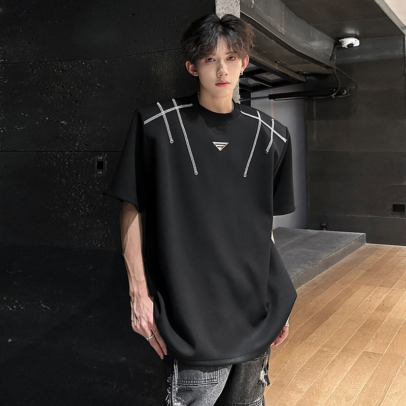 cleanfit黑色垫肩卫衣男春秋款潮牌高级感痞帅金属设计感长袖T恤,男装T恤,电商A070