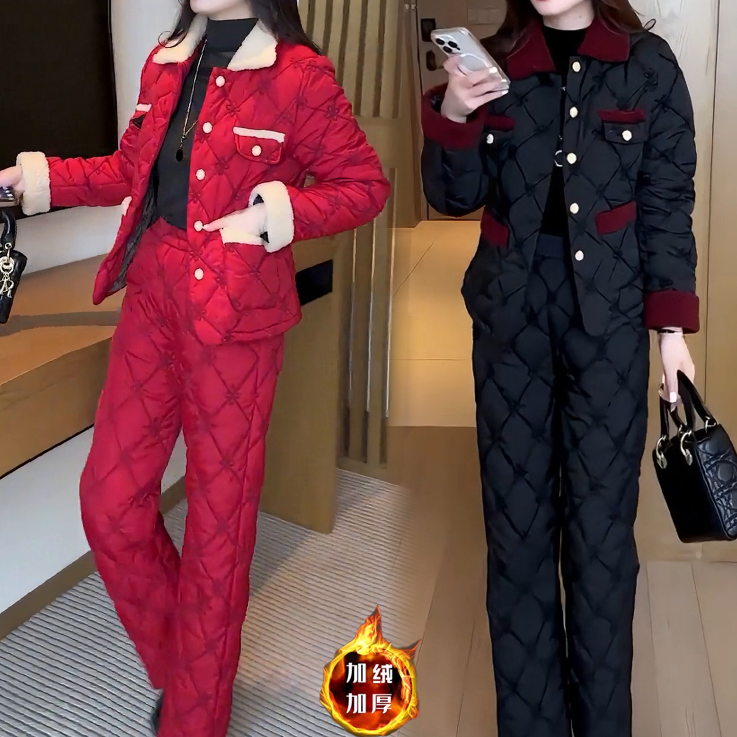 加厚棉服套装菱格纹撞色轻奢风